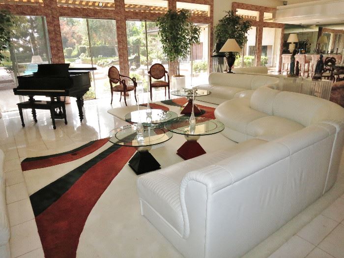 Fabulous Huge Serpentine White Leather Sectional Sofa with 7 Round Pyramid-Base Lacquered Occasional Tables
