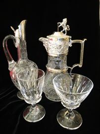 Fine Antique Cut-Crystal Ewers and a Set of Antique Crystal Stemware, possibly Baccarat
