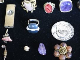 18K White Gold, Blue Hard-stone and Diamond Ring:  Antique Vermeil & Carved Cinnabar Ring; Sterling & Large Faceted Amethyst Ring; Brass & Rose quarts Ring; and 14 K Gold Cigar Cutter