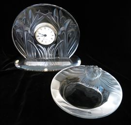 Lalique Iris Clock and Lion Candy Dish
