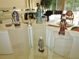 Four Acrylic Pedestals w/ Fine Cloisonne Figurines on Stands