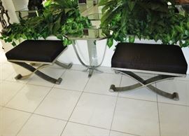 Pair of Deco-Style "Anthony Benches" by Mattaliano, Platinum-finish;  w/ a Fabulous Art Deco Mirrored Side Table