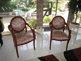 1970's Classic Phyllis Morris Lacquered Armchairs w/ a Pair of Acrylic Wedge-Shape Travertine-Top Side Tables