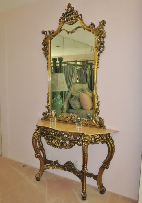 Lovely Gilt Pier Mirror w/ Marble-Top Console Table