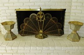 Pierced Brass Fireplace Fan with a Pair of Tole Planters