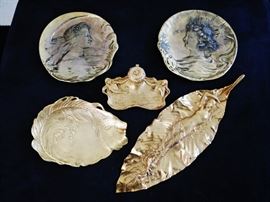 Art Nouveau Gilt Bronze Plates and Inkwell, signed