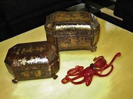 Two Antique 19th. C. Gold Lacquered Chinese Tea Caddies w/ a Glass Octopus by Jennifer Umphress