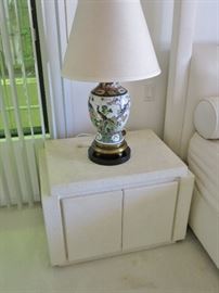 Pair of white Nightstands w/ a Pair of Chinese Lamps