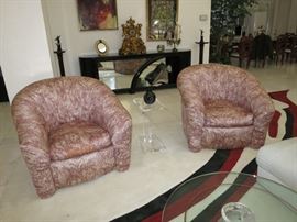 Pair, Milo Baughman-Style Swivel Club Chairs w/ an Acrylic Pedestal Table