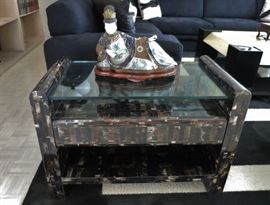 1970's Tessellated Horn Side Table w/ a Vintage Cloisonne Reclining Maiden