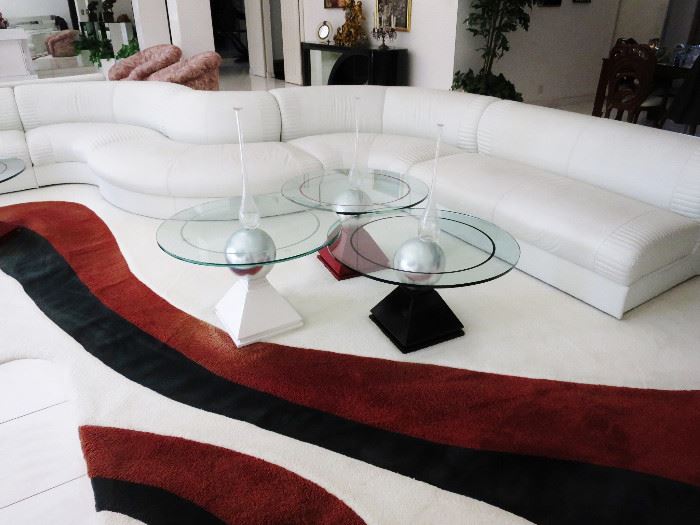 Serpentine White Leather Sectional Sofa with 7 Round Pyramid-Base Lacquered Occasional Tables