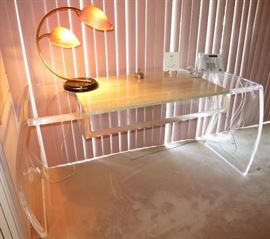 Fabulous 1970's Acrylic Desk w/ Travertine Marble Insert; Sea Shell Desk Lamp