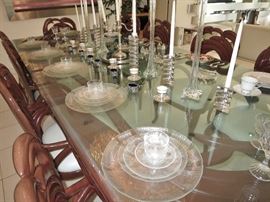 Large Glass Luncheon Set; 6 Graduated Modern Crystal Candlesticks 