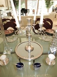 Antique Continental 800 Silver Round Table Plateau; Sterling Candelabra; Set of 6 Antique Cobalt & Silver Salt Cellars w/ Sterling Spoons; Set 6 Sterling Demitasse Cups