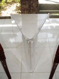 One of a Pair of Acrylic Wedge-Shape Travertine-Top Side Tables