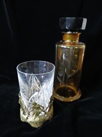 Art Deco Etched Amber Decanter and a Gilt Art Nouveau Glass Holder