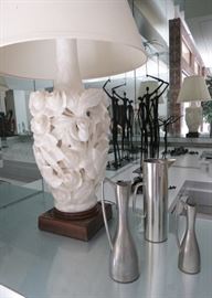 Large Carved Alabaster Lamp with Three Mid-Century Pewter Ewers (sculpture in background not for sale)