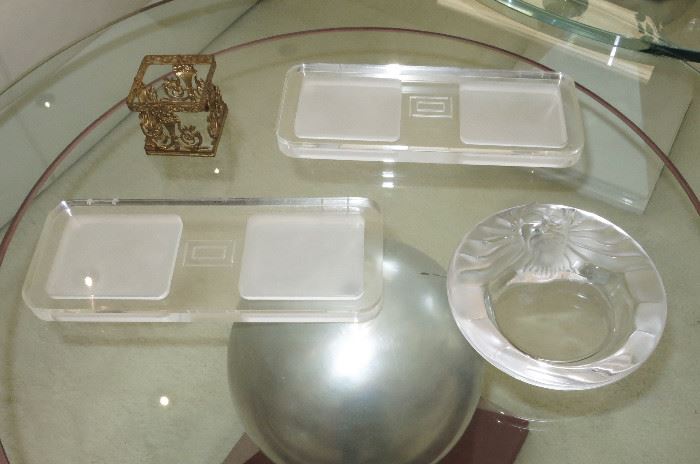 Lalique Lion Candy Dish and a Pair of Mid-Century Acrylic Cigaraette Boxes