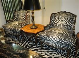Pair, Louis XV-Style Zebra Print Armchairs with a Burled Side Table