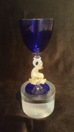 Exquisite Antique Venetian Glass Cobalt Cordial w/ a Gold Dolphin Stem