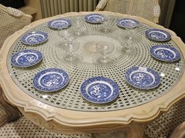 Set of Antique Blue & White "Old Willow" Dessert Plates; 1920s Deco Etched Crystal Sherbets