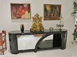 Very Important 19th. C. French Gilt-Bronze Neptune Mantle Clock on a Black Lacquer Disco Table