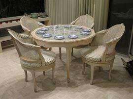 Lovely Glass-Top Game / Luncheon Table w/ a Woven Wicker top, Chenille Four Bergeres; Set of Antique Blue & White "Old Willow" Dessert Plates; 1920s Deco Etched Crystal Sherbets