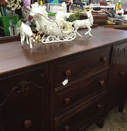 Christmas Santa, Sled Reindeer Ceramic, Mahogany Buffet/Sideboard