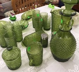 Indiana Glass Avocado Green, Pitcher with Juice Glasses, Butter Dish, Salt & Pepper Shaker, Decanter, Nut Dish, Creamer & Sugar, Emerald Green Hen Mini