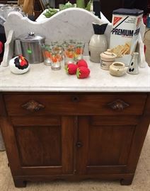 Antique Eastlake Wash Basin Marble Top Table, Vintage Nabisco Premium Tin, Pottery, Juice Glasses 