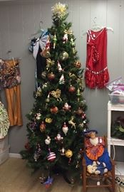 Christmas Tree Approximately 6', Assorted Ornaments, Dance Costumes, Rocking Chair, Vintage Doll