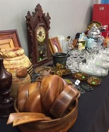 Assorted Items, Antique Clock, Monkey Pod Wooden Bowls, Clay Vase Pot, Luncheon Plates