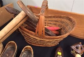 Vintage Wooden Spool, Shuttle, Thread and Basket