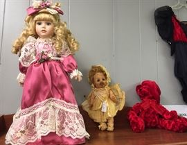 Porcelain Doll, Vintage Baby Doll with Pacifier, Red Crushed Velvet Bear