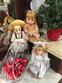 Assorted Vintage Dolls, Small Table Top Christmas Tree