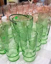 Depression Green Glassware with Ice Bucket