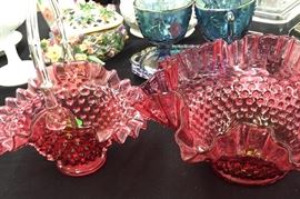 Hobnail Pink Ribbon Basket and Bowl