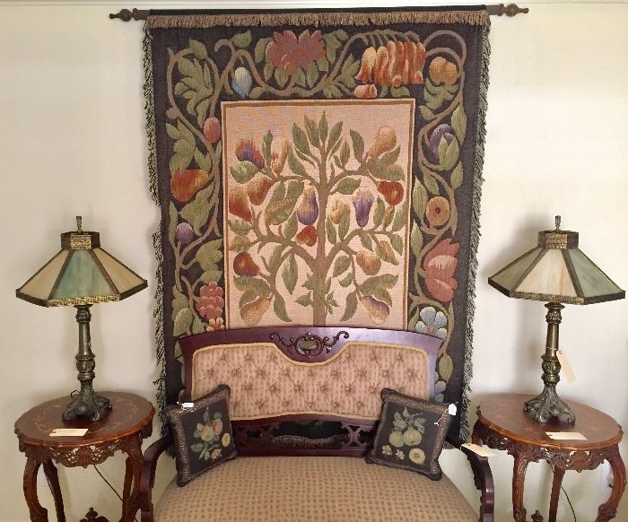 Antique settee, carved inlay accent tables, tapestry, and pair of antique slag-glass lamps
