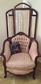 Victorian arm chair and fabric screen