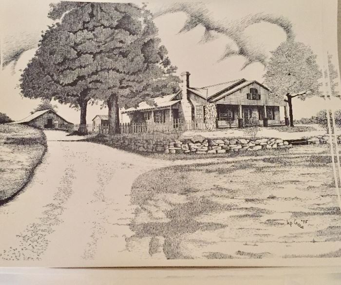 Signed ink drawing of Hatton Home in Lawrence County 