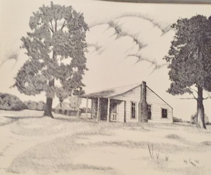 Signed ink drawing of Hatton Home tenant's house 