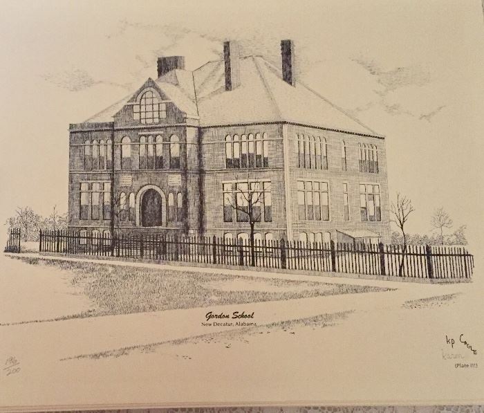 Signed and numbered ink drawing of Gordon School