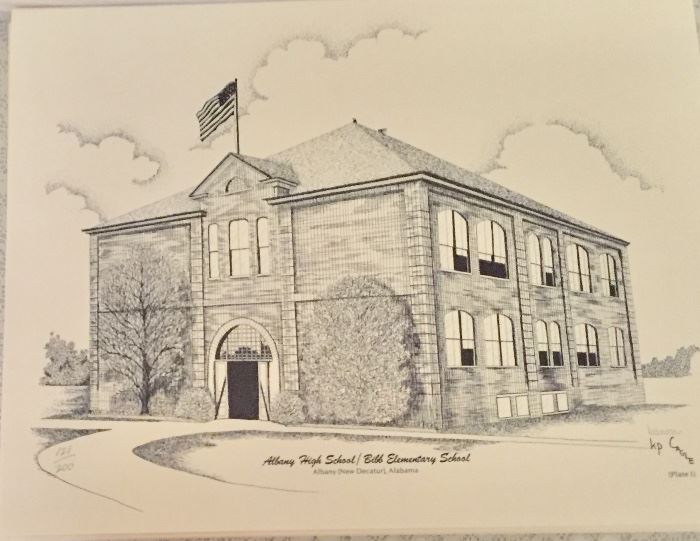 Signed and numbered ink drawing of Albany High School/Bibb Elementary School 