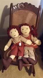 Vintage nursing/sewing rocker and pair of handmade dolls 