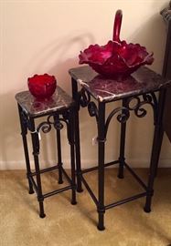 wrought iron and marble plant stands with Ruby Tiara glassware 