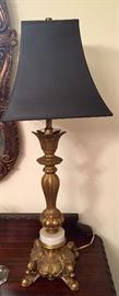 One of 2 antique brass and marble lamps 