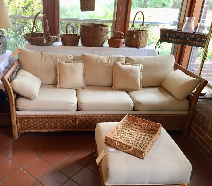 Vintage Drake wicker sleeper sofa and ottoman 