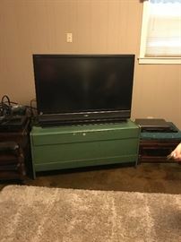 Sony Tv and vintage green painted trunk 