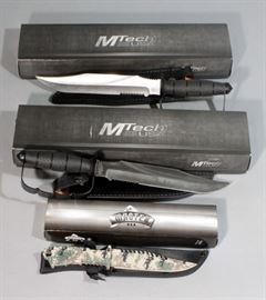 Knives, Qty 3, MTech MT-20-36BS Fixed Blade Knives with Sheaths & 12" Serrated Blades, Qty 2, and Master USA MU-1146DG Fixed Blade Digital Camo Knife