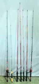 Shakespeare Med Action Fishing Rods, Qty 7, 5'6" Pink & Red Firebirds, ReVerbs w/ Reels (2), Durango, 6'0" Durango, and 4'6" Ultra Light Micro Series
